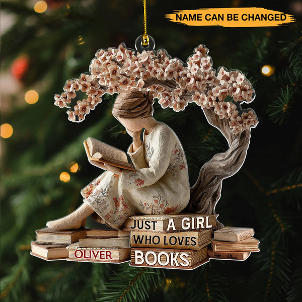 Personalized “Just A Girl Who Loves Books” 3D Effect Acrylic Ornament – Custom Name Book Lover Christmas Gift