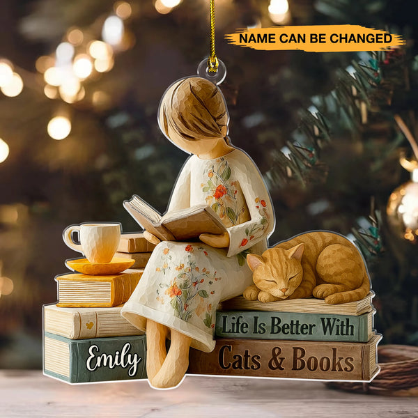 Personalized Life Is Better With Cats And Books 3D Effect Acrylic Ornament