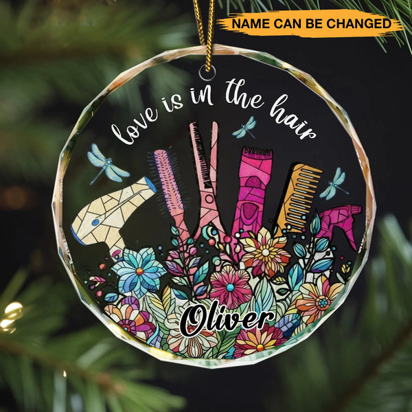 Personalized Love Is In The Hair Glass Ornament
