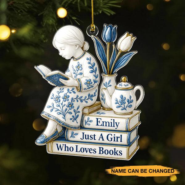 Personalized Just A Girl Who Loves Books Toile De Jouy Acrylic Ornament