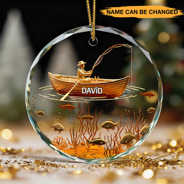 Personalized Fishing Man Golden Effect Circle Glass Ornament
