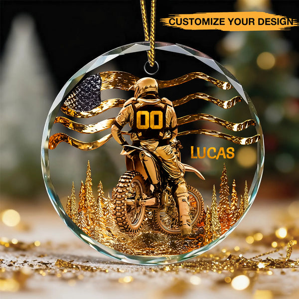 Personalized Biker Golden Effect Circle Glass Ornament