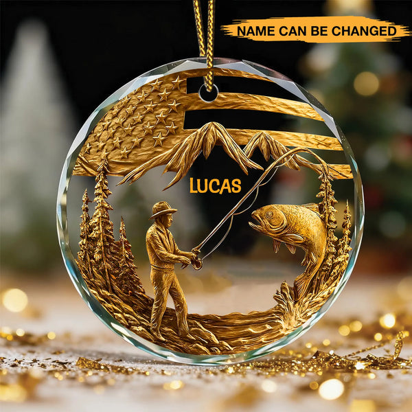 Personalized Fishing Lover Golden Effect Circle Glass Ornament