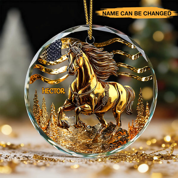 Wild Spirit Horse Lover Golden Effect Circle Glass Ornament