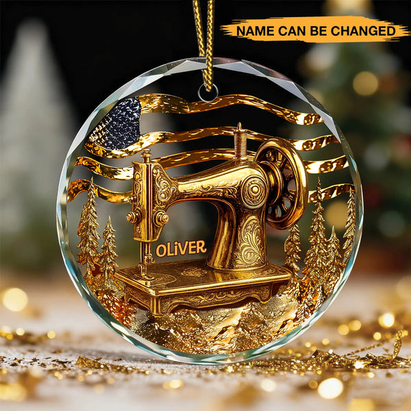 Personalized Sewing Lover Golden Effect Glass Ornament