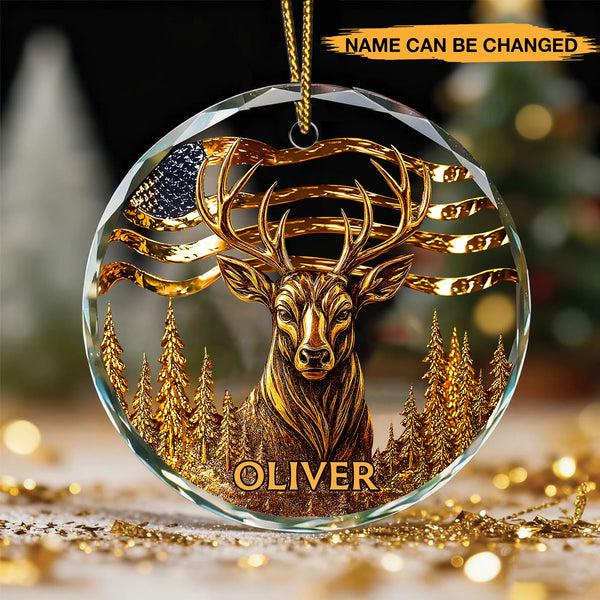 Personalized Deer Hunting Golden Effect Circle Glass Ornament