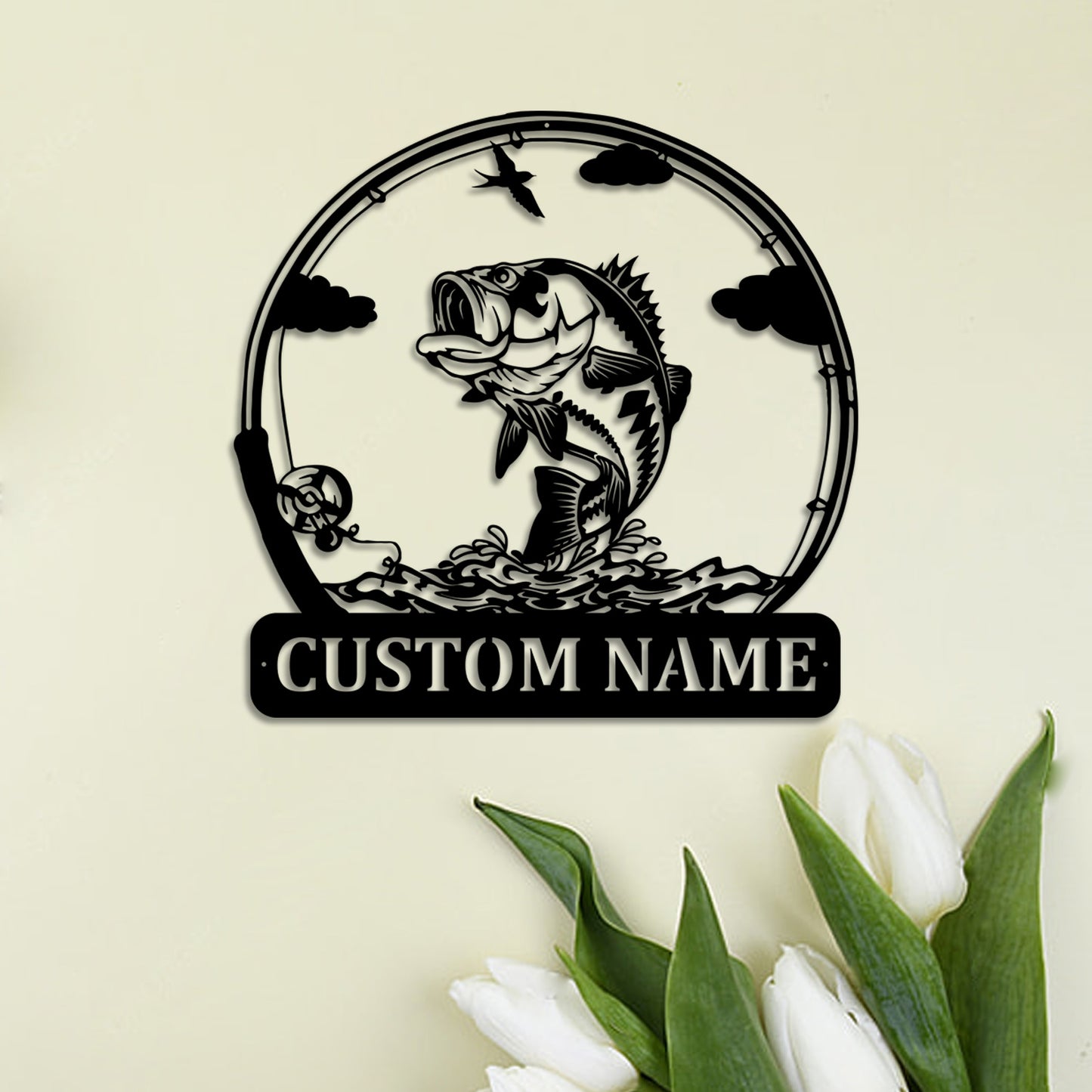 Custom Largemouth Bass Fishing Metal Wall Art Led Lights, Personalized Fisherman Metal Name Sign, Bass Fishing Outdoor Metal Cabin Sign
