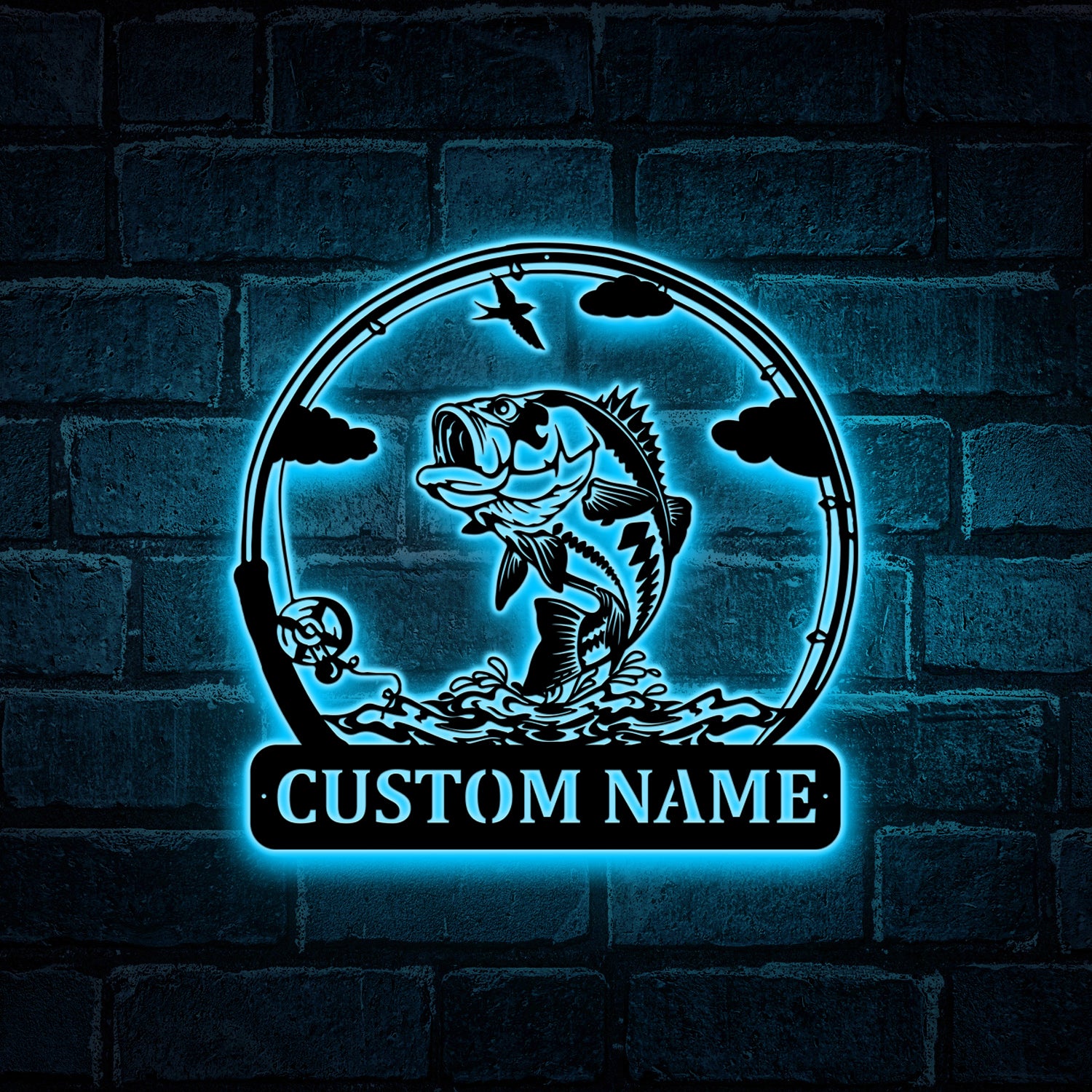 Custom Largemouth Bass Fishing Metal Wall Art Led Lights, Personalized Fisherman Metal Name Sign, Bass Fishing Outdoor Metal Cabin Sign