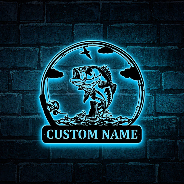 Custom Largemouth Bass Fishing Metal Wall Art Led Lights, Personalized Fisherman Metal Name Sign, Bass Fishing Outdoor Metal Cabin Sign