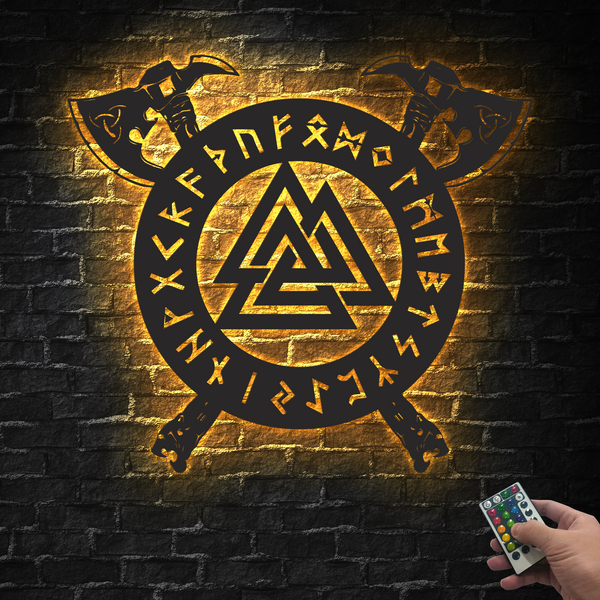 Viking Compass Valknut Metal Wall Art Led Lights, Viking Valknut Symbol Metal Sign Home Decor, Viking Compass Housewarming Metal Decor