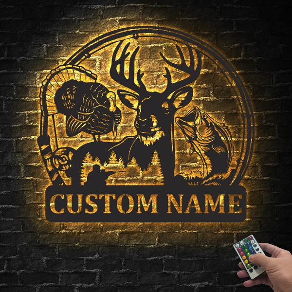 Custom Turkey Deer Hunting And Fishing Metal Signs Led Lights, Personalized Hunter Metal Name Signs, Wildlife Hunting Outdoor Metal Wall Art Decor