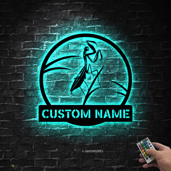 Personalized Mantises Metal Wall Art With Led Lights, Custom Mantis Metal Name Sign Home Decor, Mantis Monogram Metal Sign Art