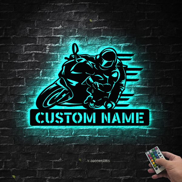 Personalized Motorcycle Racing Metal Sign With Led Lights, Custom Motorcycle Biker Metal Name Sign, Motorcycle Garage Sign Wall Hanging Decor