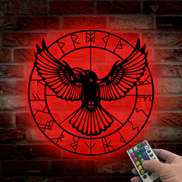 Raven Vegvisir Viking Runes Metal Wall Art With Led Lights, Nordic Raven Viking Symbol Metal Sign, Viking Crow Norse Mythology Symbols Metal Art