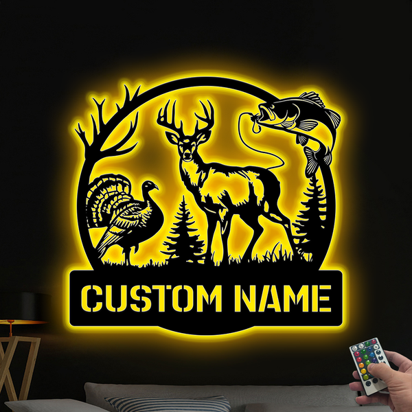 Custom Deer Turkey Hunting Fishing Metal Wall Art Led Lights, Custom Hunter Metal Name Sign, Wildlife Hunting Outdoor Metal Sign Cabin Decor