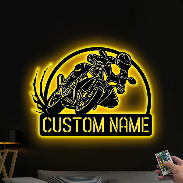 Personalized Name Motorcycle Racing Metal Sign Led Lights, Custom Riding Motorcycle Metal Wall Art, Motorbike Riding Metal Wall Hanging