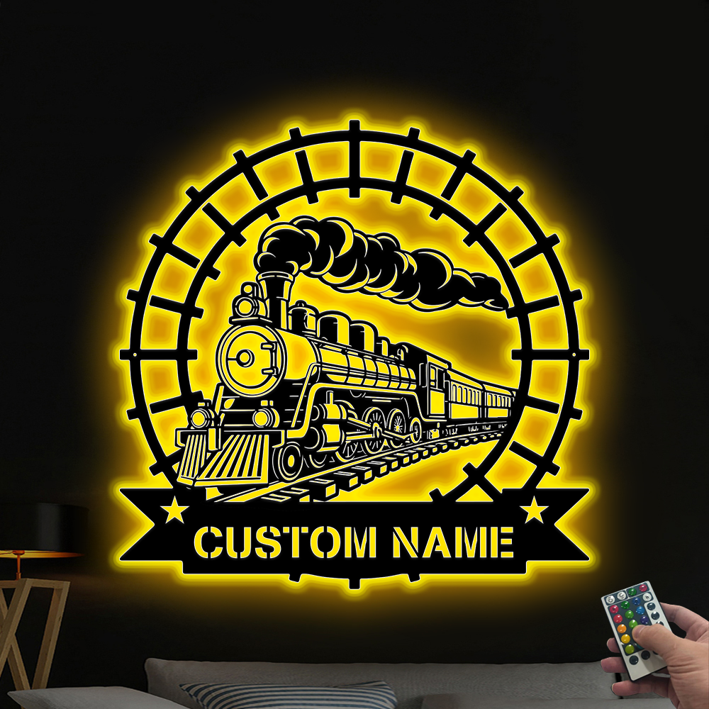Personalized Steam Train Railroad Metal Wall Art Led Lights, Custom Monogram Train Driver Metal Name Sign, Steam Locomotive Railway Metal Decor