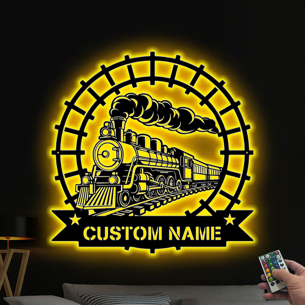 Personalized Steam Train Railroad Metal Wall Art Led Lights, Custom Monogram Train Driver Metal Name Sign, Steam Locomotive Railway Metal Decor