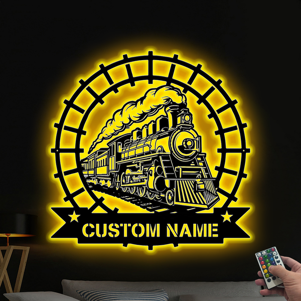 Custom Steam Locomotive Railroad Metal Wall Art Led Lights, Personalized Monogram Train Driver Metal Name Sign, Steam Train Railway Metal Decor
