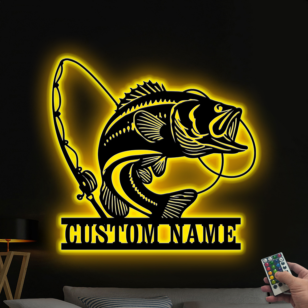 Custom Bass Fish With Fish Pole Metal Sign With Led Lights, Largemouth Bass Fishing Metal Wall Art, Fishing Outdoor Metal Wall Hanging Decor