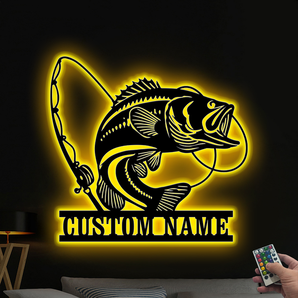 Custom Bass Fish With Fish Pole Metal Sign With Led Lights, Largemouth Bass Fishing Metal Wall Art, Fishing Outdoor Metal Wall Hanging Decor