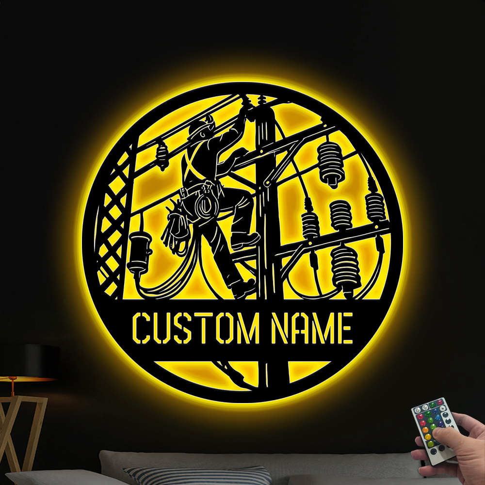 Personalized Us Lineman Metal Wall Art With Led Lights, Custom Lineman Name Sign Decor For Room, Electrician Metal Wall Hanging Sign