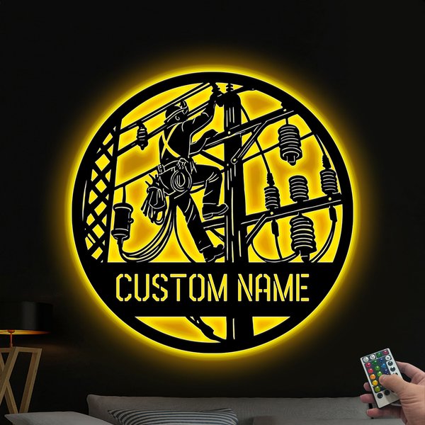 Personalized Us Lineman Metal Wall Art With Led Lights, Custom Lineman Name Sign Decor For Room, Electrician Metal Wall Hanging Sign