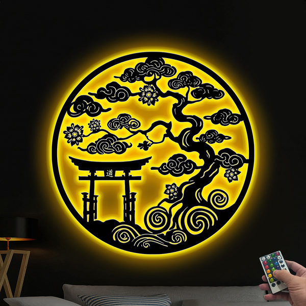 Bonsai Tree Torii Gate Metal Wall Art With Led Lights, Japanese Traditional Torii Gate Metal Sign, Shinto Shrine Led Metal Sign Wall Art Decor