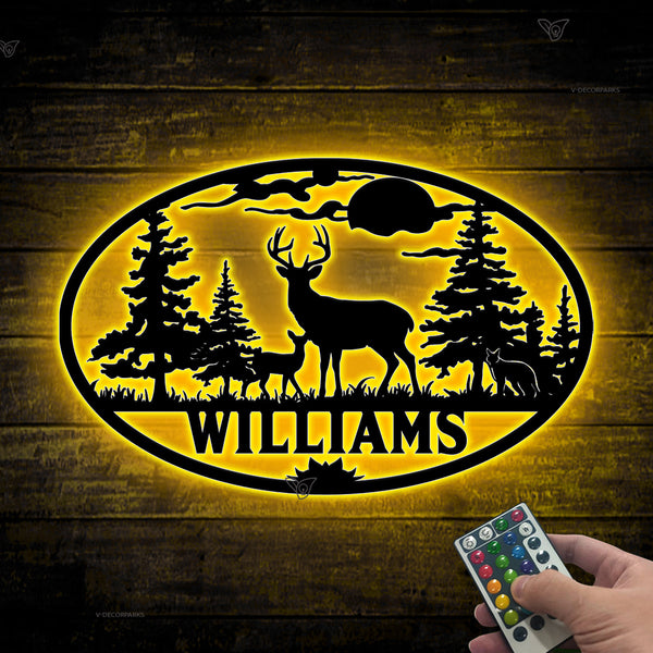 Personalized Last Name Forest Deer Metal Sign With Led Lights, Custom Family Name Wild Deer Metal Wall Art, Deer Hunting Cabin Lodge Metal Decor
