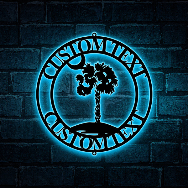 Custom Palmetto Tree And Moon Metal Sign With Led Lights, South Carolina Palmetto Tree Metal Wall Art, South Carolina Palm Tree Metal Sign