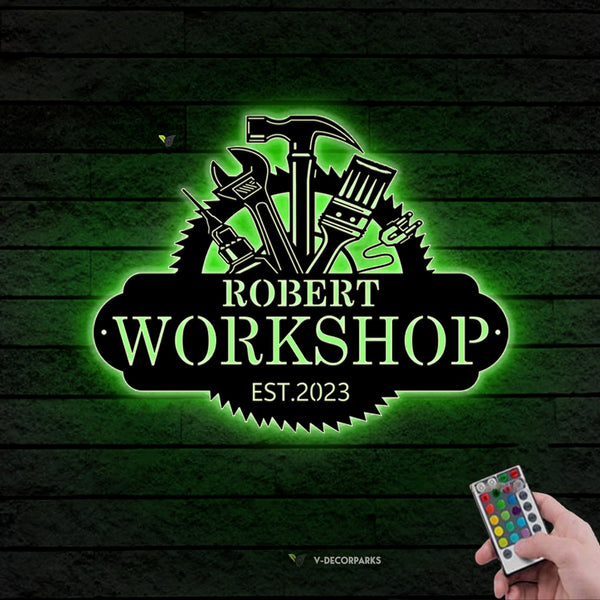 Custom Mechanic Workshop Metal Wall Art Led Lights, Personalized Carpenter Repairman Tools Metal Name Sign, Mechanic Garage Metal Sign Decor