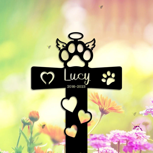 Custom Pet Memorial Cross Metal Stake, Personalized Pet Cross Garden Stake, Dog Paw Prints Cross Metal Grave Marker, Dog Cat Loss Remembrance Sign