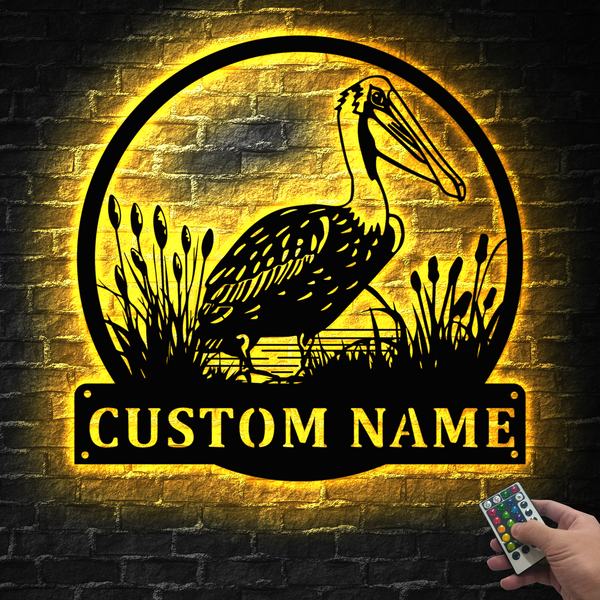 Personalized Pelican Bird Metal Wall Art With Led Lights, Custom Name Pelican Bird Monogram Metal Sign Art, Pelican Bird Metal Home Decor