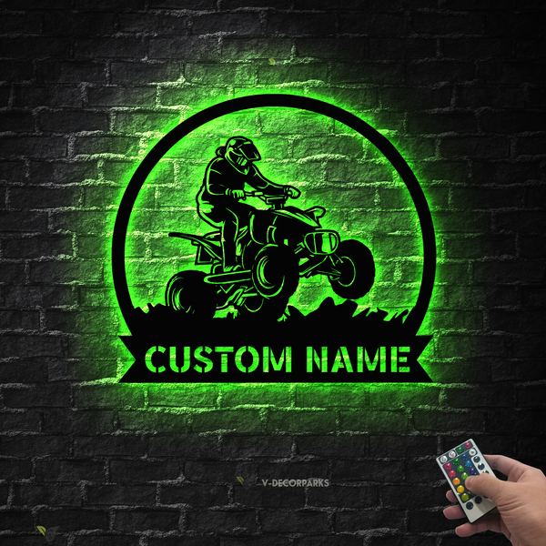 Personalized Atv Quad Bike Metal Sign With Led Lights, Custom Name Us Quad Biker Metal Wall Art, All Terrain Vehicle Atv 4 Wheels Metal Sign Art