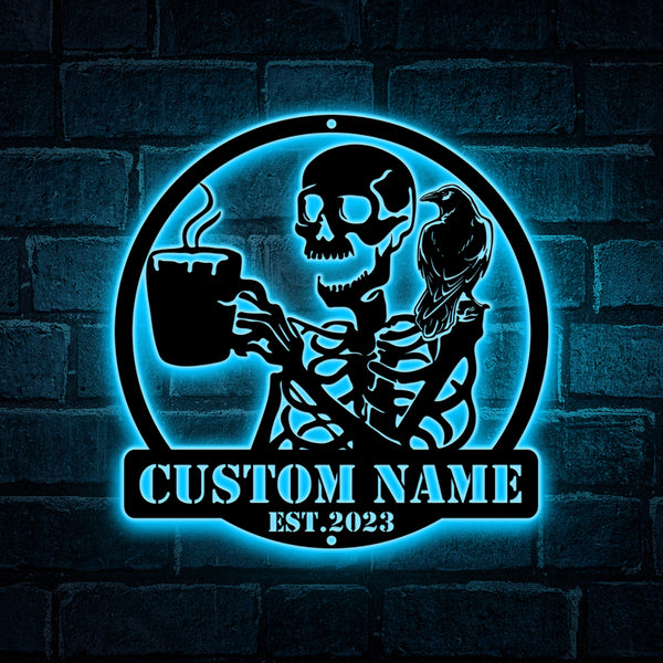 Custom Skeleton Coffee Raven Metal Wall Art Led Lights, Personalized Skeleton Drinks Coffee Metal Sign, Skeleton Coffee Raven Metal Home Decor