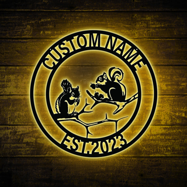 Personalized Couple Squirrel Metal Sign With Led Lights, Custom Squirrels On Branch Metal Wall Art, Metal Squirrel Sign Outdoor Decor