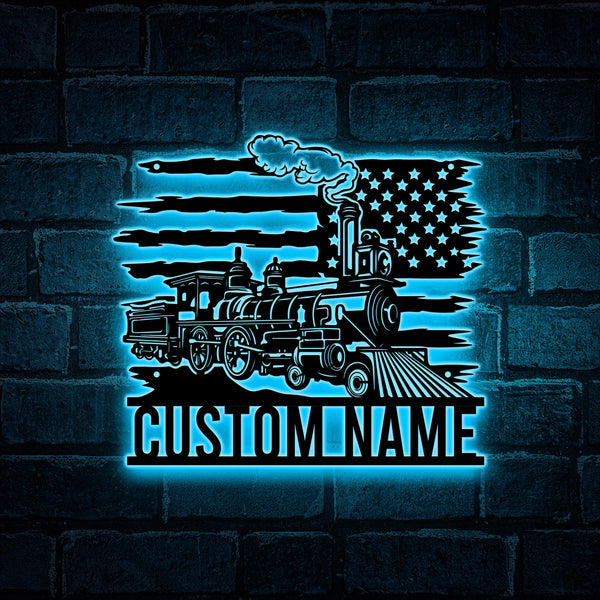 Custom Us Flag Steam Engine Train Metal Wall Art Led Lights, Personalized Train Driver Metal Name Sign, Steam Locomotive Railroad Metal Decor