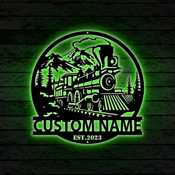 Custom Steam Engine Train Outdoor Metal Sign Led Lights, Personalized Train Driver Metal Name Sign, Steam Locomotive Railroad Metal Wall Art Decor