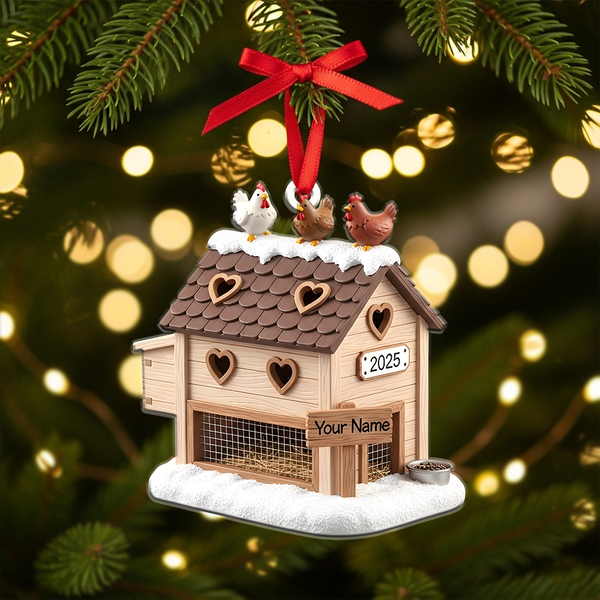 Rustic Chicken Coop Ornament 2025 - Personalized Farmhouse Barn With Hens, Heart Windows & Country Kitchen Christmas Decoration