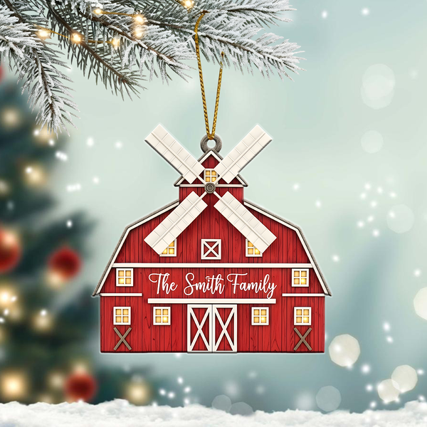 Red Barn Christmas Ornament 2025 - Personalized Farmhouse Tree Decoration With Family Name, Rustic Holiday Keepsake