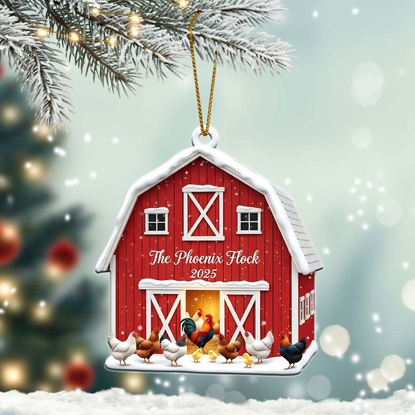Rustic Farmhouse Red Barn Ornament 2025 - Personalized Christmas Decoration With Chickens, Roosters & Hens, Holiday Home Keepsake