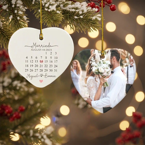 Wedding Date Calendar Ornament 2025 - Personalized Heart Photo Ornament Gift For Couple, Bridal Keepsake