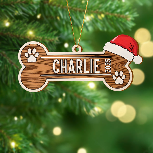 Wooden Dog Bone Ornament With Santa Hat - Personalized Pet Memorial Decoration 2025 With Name And Paw Prints, Gift For Dog Lovers