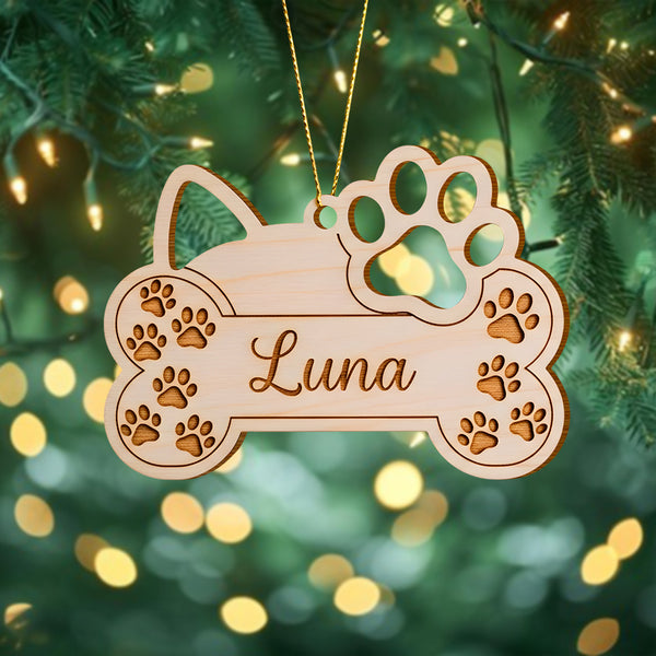 Wooden Dog Bone Ornament - Personalized Pet Christmas Decoration With Name And Paw Prints, Memorial Keepsake Gift For Dog Owners