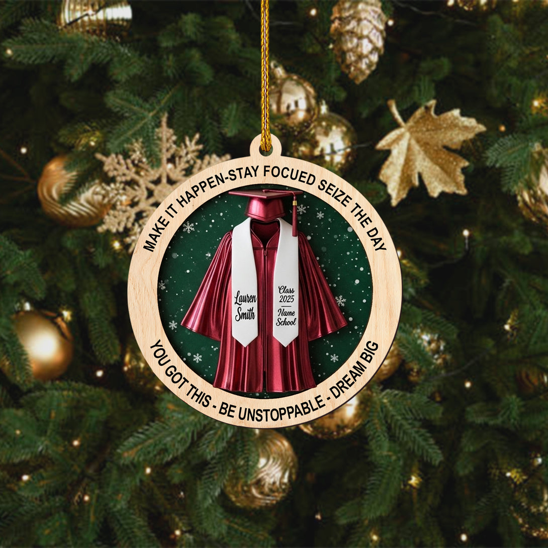 Graduation Wooden Ornament 2025 - Class Of 2025 Personalized Cap And Gown Round Decoration, Custom Name And School Holiday Gift