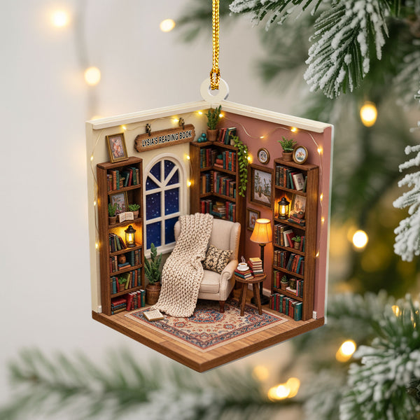 Reading Nook Library Ornament - Personalized Christmas Decoration With Chair, Lamp, And Custom Name Sign, Cozy Holiday Tree Ornament For Book Lovers