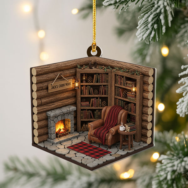 Rustic Cabin Library Ornament - Personalized Christmas Decoration With Stone Fireplace, Bookshelves, Chair, Cozy Holiday Tree Ornament Keepsake