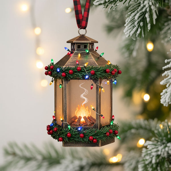 Rustic Lantern Christmas Ornament With Led Fire Effect And String Lights - Holiday Tree Hanging Decoration For Cozy Cabin, Outdoor Lovers, And Winter Decor Home Decor
