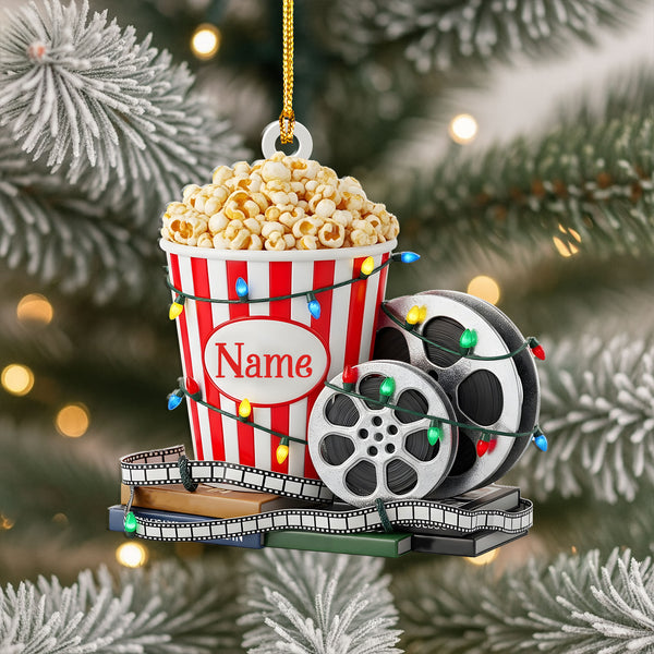 Popcorn Bucket And Film Reel Ornament - Custom Personalized Holiday Decoration For Movie Fans, Unique Christmas Tree Ornament With Lights And Festive Design
