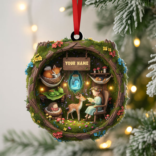Woodland Fairy Cottage Ornament - Personalized Christmas Decoration With Forest Animals, Fairy Lights, And Custom Name Sign For Whimsical Holiday Tree And Home Decor